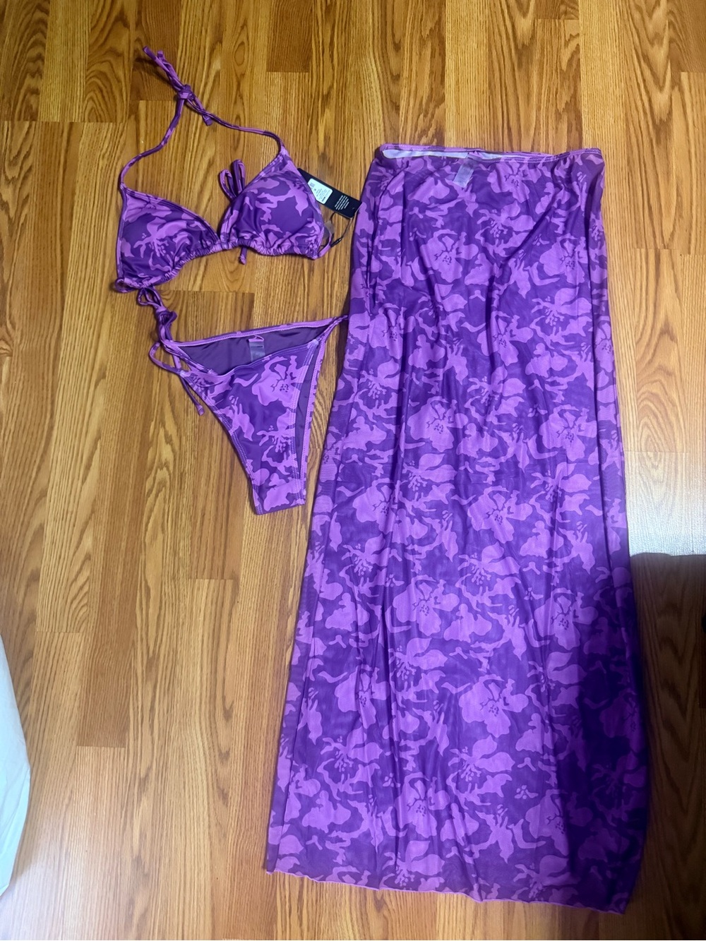 Fashion Nova Purple Floral Triangle Bikini Set with Sarong
